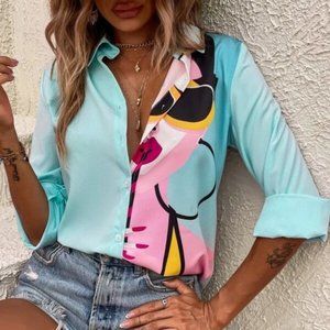 Graphic  Printed Button Down Front Blouse
